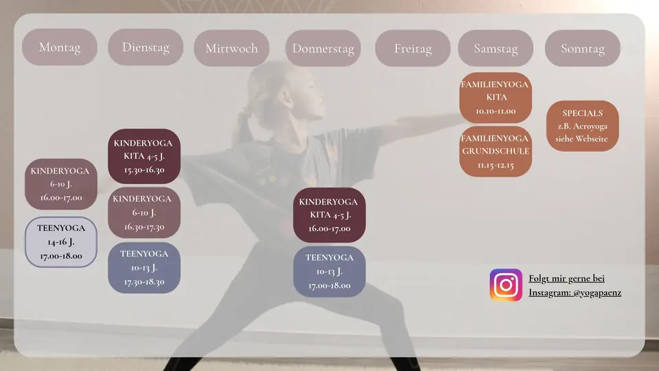 Grafik des Kinderyoga-Wochenplans mit Kinderyoga, Teenyoga und Familienyoga; Link zu yogapaenz.de (öffnet in neuem Tab)